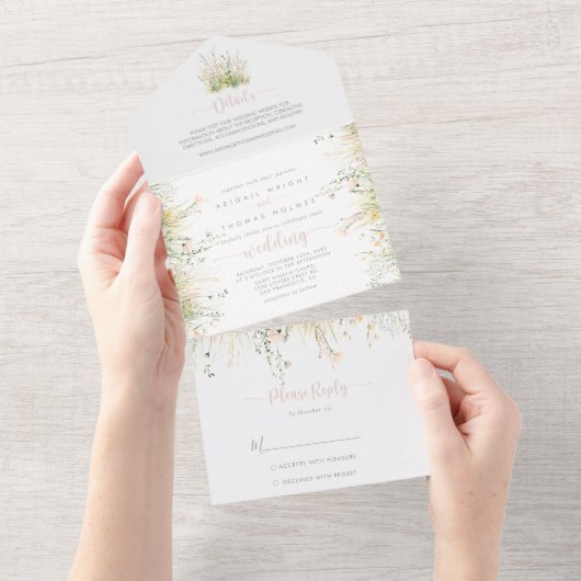 Groen Boho Wildflower bruiloft All In One Uitnodiging (Afscheurbaar)