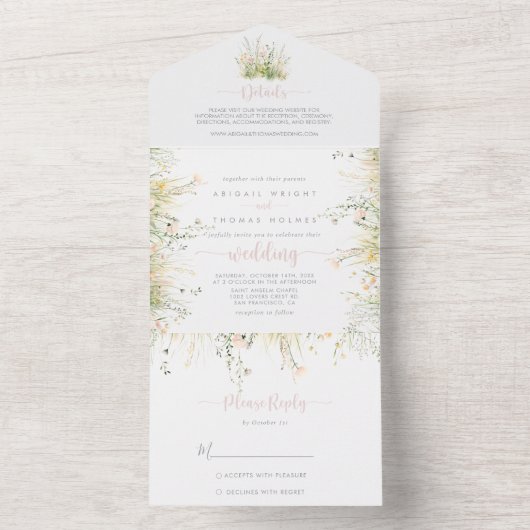 Groen Boho Wildflower bruiloft All In One Uitnodiging (Binnen)