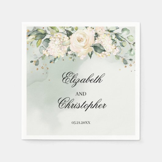 Groen Boho Wit Bloemen Bruiloft Servetten Goud (Voorkant)