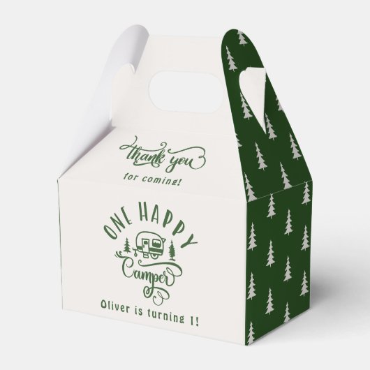 Groen bos Een gelukkige camper 1e verjaardag Bedankdoosjes (Voorkant Zijde)