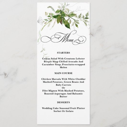 Groen Botanicals Waterverf Kalligrafie Bruiloft Menu (Voorkant)