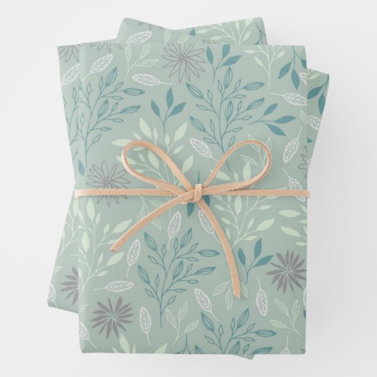 Groen botanisch inpakpapier plat vel set van 3 (In situ)