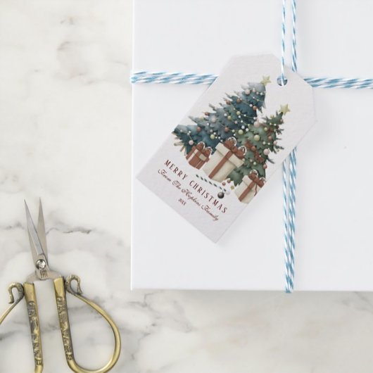 Groen & Bruin Aquarel Kerstboom Cadeaulabel