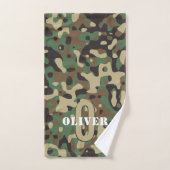 Groen Bruin Beige Camo Camouflage Monogram Naam Bad Handdoek (Handdoek)