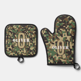 Groen Bruin Beige Camo Camouflage Monogram Naam Ovenwant & Pannenlap Set