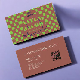 Groen Bruin Checkerboard Patroon QR Code Handgemaa Visitekaartje