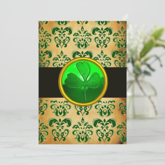 GROEN BRUIN DAMAST  PERKAMENT MET KLAVERBLAD  Zwar Kaart (Staand voorkant)