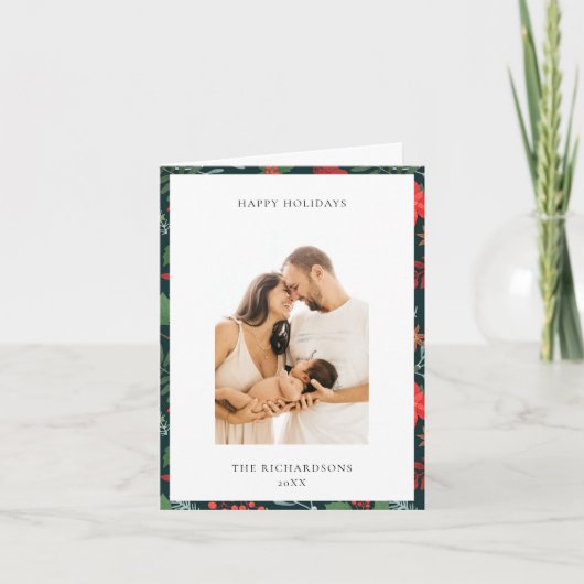 Groen Bruin Kerst Bloem Motief Foto Gelukkig Feestdagen Kaart (Voorkant)