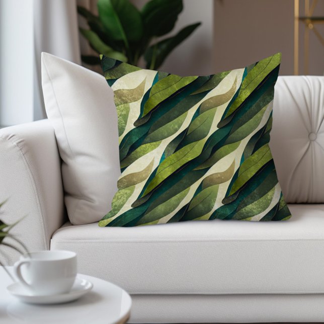 Groen bruin laat Abstracte aardtonen achter Kussen (Abstract green leaves decorator pillow)