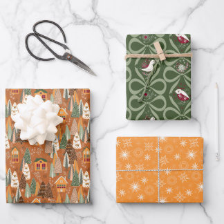 Groen Bruin Oranje Kerst Bos Dorp Inpakpapier Vel