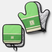 Groen chequemonogram ovenwant & pannenlap set (Voorkant / Achterkant)