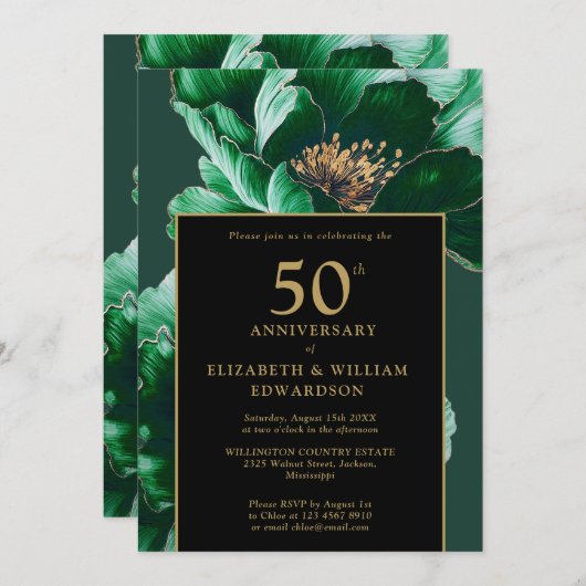 Groen Chic Bloemen Zwart en Goud 50ste Jubileum Kaart (Voorkant / Achterkant)