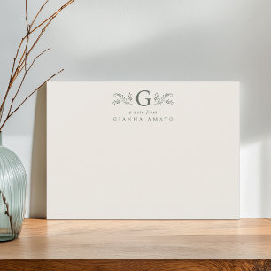 Groen & Crème Botanisch Monogram & Naam Notitiekaartje