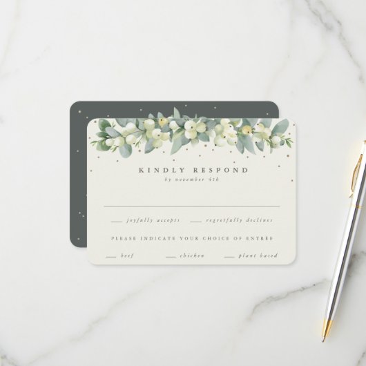 Groen/Crème Sneeuwbes+Eucalyptus Garland Bruiloft RSVP Kaartje (Voorkant / Achterkant in situ)