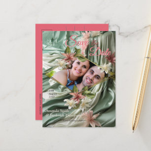 Groen, Crème, Zijden Drapes & Rozeachtige Bloemen Aankondigingskaart