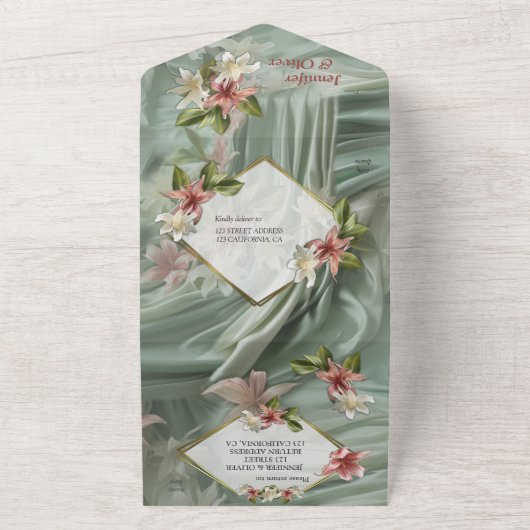 Groen, Crème, Zijden Drapes & Rozeachtige Bloemen All In One Uitnodiging (Buitenkant)