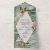 Groen, Crème, Zijden Drapes & Rozeachtige Bloemen All In One Uitnodiging (Binnen)