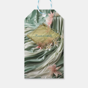 Groen, Crème, Zijden Drapes & Rozeachtige Bloemen Cadeaulabel