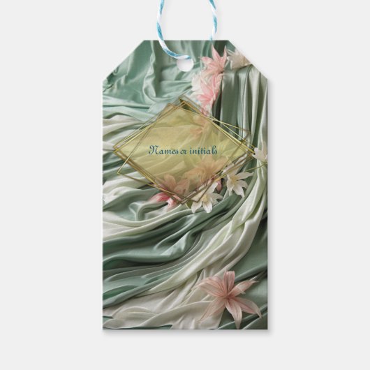 Groen, Crème, Zijden Drapes & Rozeachtige Bloemen Cadeaulabel (Voorkant)