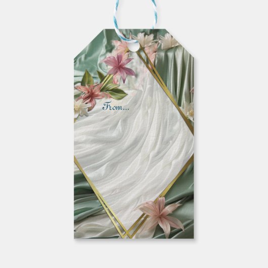 Groen, Crème, Zijden Drapes & Rozeachtige Bloemen Cadeaulabel (Achterkant)