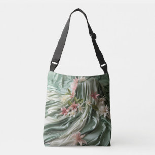 Groen, Crème, Zijden Drapes & Rozeachtige Bloemen Crossbody Tas