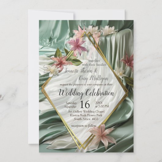 Groen, Crème, Zijden Drapes & Rozeachtige Bloemen Kaart (Voorkant)