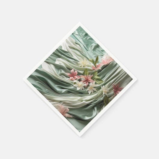 Groen, Crème, Zijden Drapes & Rozeachtige Bloemen Servet (Hoek)