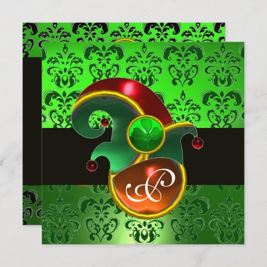 GROEN DAMASK, ELF PET ST.PATRICK'S PARTY MONOGRAM KAART (Voorkant / Achterkant)