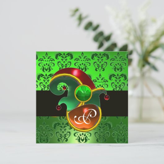 GROEN DAMASK, ELF PET ST.PATRICK'S PARTY MONOGRAM KAART (Staand voorkant)