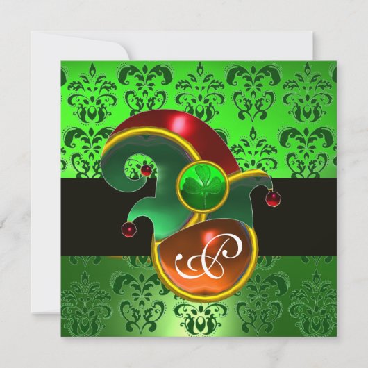 GROEN DAMASK, ELF PET ST.PATRICK'S PARTY MONOGRAM KAART (Voorkant)