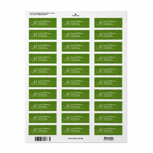 Groen Damask Monogram M Nr 001 Adresetiket Etiket (Full Sheet)