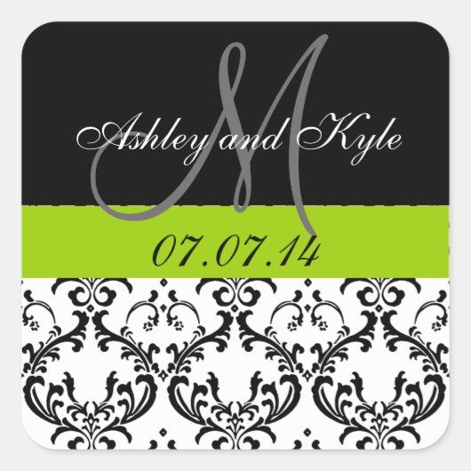 Groen Damask Monogram Sla de Datum Stickers op (Voorkant)