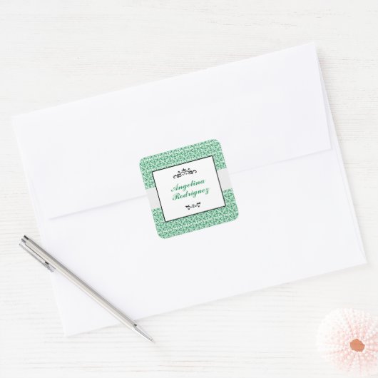 Groen Damask Pattern Afstuderen Vierkante Sticker (Envelop)