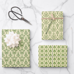  groen Damask Pattern op licht beige Inpakpapier Vel