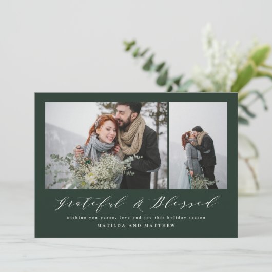 Groen dankbaar en gezegend modern kerstscript feestdagenkaart (Staand voorkant)