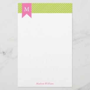 Groen diagonaal-strips patroon en roze monogram briefpapier