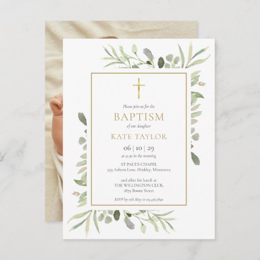 Groen Doop Foto Uitnodiging Briefkaart (Voorkant / Achterkant)