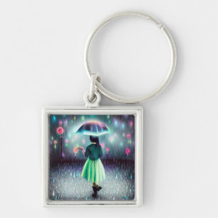 Groen dress meisje in de regen sleutelhanger