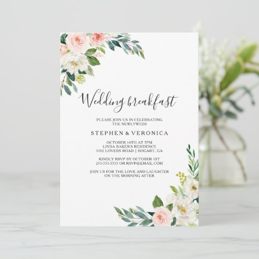 Groen Elegant Bloemen Bruiloft Ontbijt Kaart (Staand voorkant)