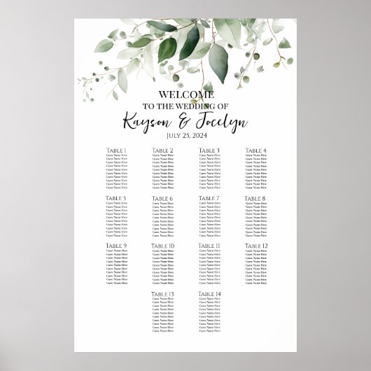 Groen elegant bruiloft zitgrafiek 14 tafels poster (Voorkant)