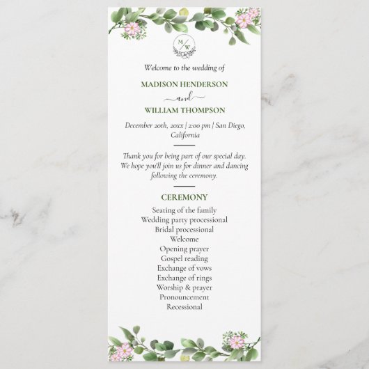 Groen Elegant en mooi bloemenhuwelijk Programma (Voorkant)