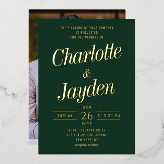 Groen Elegant Folie Script Fotobruiloft Folie Uitnodiging (Voorkant / Achterkant)