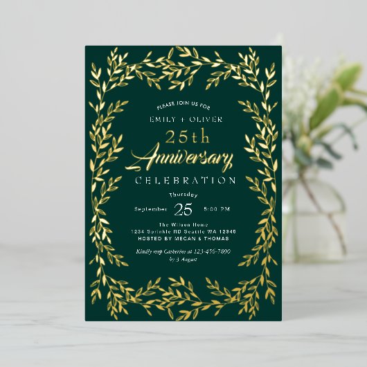 Groen Elegant Gold Leaf Jubileum Folie Uitnodiging (Staand Voorkant)