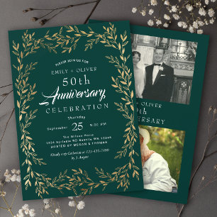 Groen Elegant Gold Leaf Jubileum Foto Kaart