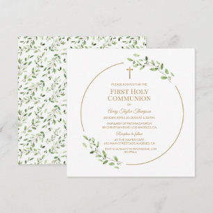 Groen Elegant Gouden Kruis Eerste Heilige Communie Kaart
