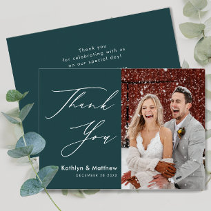 Groen elegant script Moderne foto Simple Wedding Bedankkaart