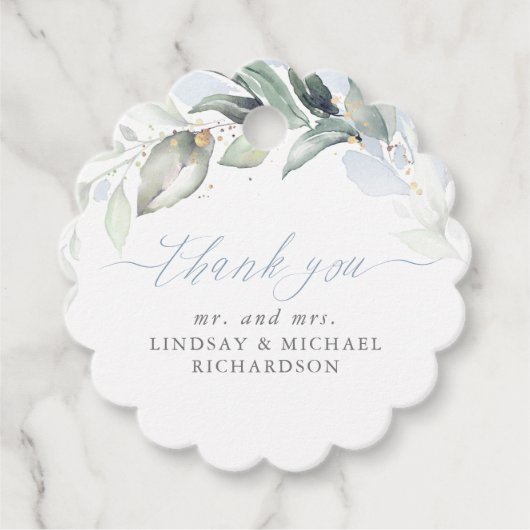 Groen Elegant Stoffig Blauw Bruiloft Dank u Bedankjes Labels (Voorkant)