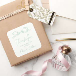 Groen Elegante Hand getrokken Bow Dank u bruiloft Vierkante Sticker