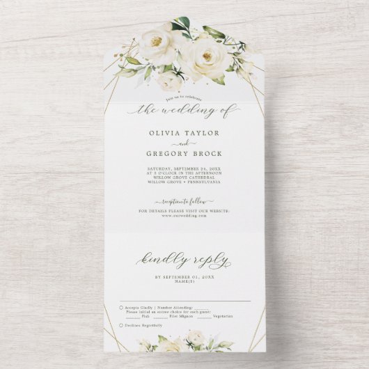 Groen Elegante Witte Rozek Bloemenbruiloft All In One Uitnodiging (Binnen)