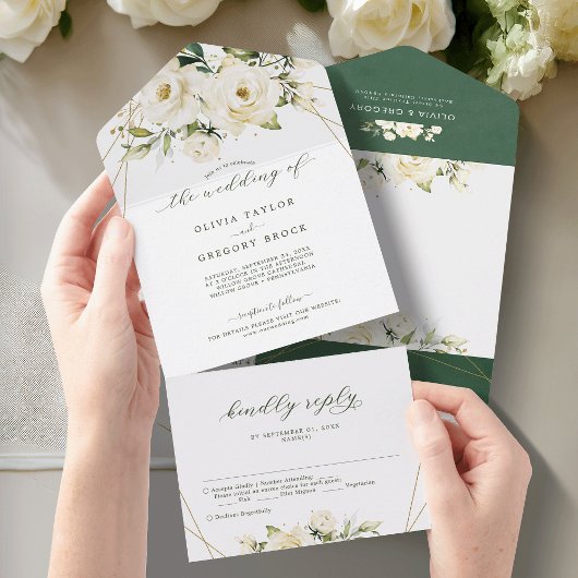 Groen Elegante Witte Rozek Bloemenbruiloft All In One Uitnodiging